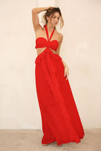 Tomato Red Rosette Detail Cut-out Ruffled Maxi Dress
