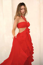 Tomato Red Rosette Detail Cut-out Ruffled Maxi Dress