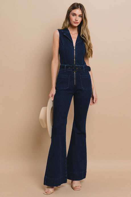 Dark Denim Sleeveless Belted Long Denim Jumpsuit