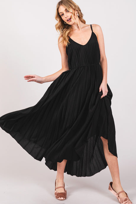 Black Pleated Camisole Midi Dress