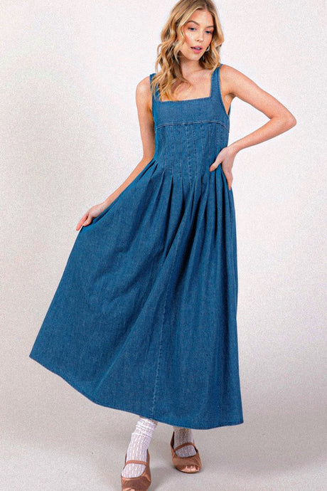 Square Neck Smocking Back Detail Denim Midi Dress