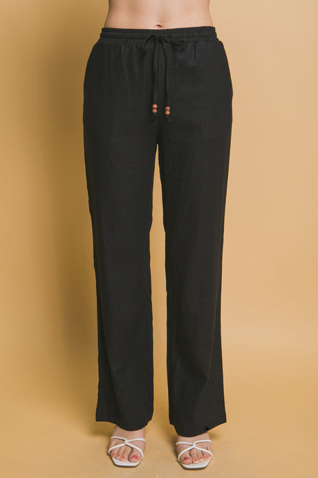 Black Linen Drawstring Waist Long Pants with Pockets