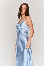 Sky Blue Satin Tie Bust Spaghetti Strap Midi Dress