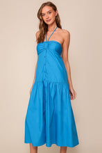 Blue Midi Halter Tie Button Down Dress