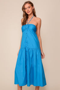 Blue Midi Halter Tie Button Down Dress