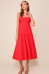 Red Midi Halter Tie Button Down Dress