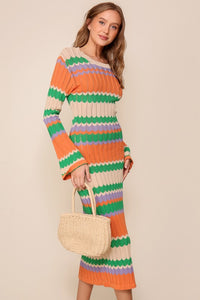Taupe/Orange Multi Mixed Striped Midi Knit Dress