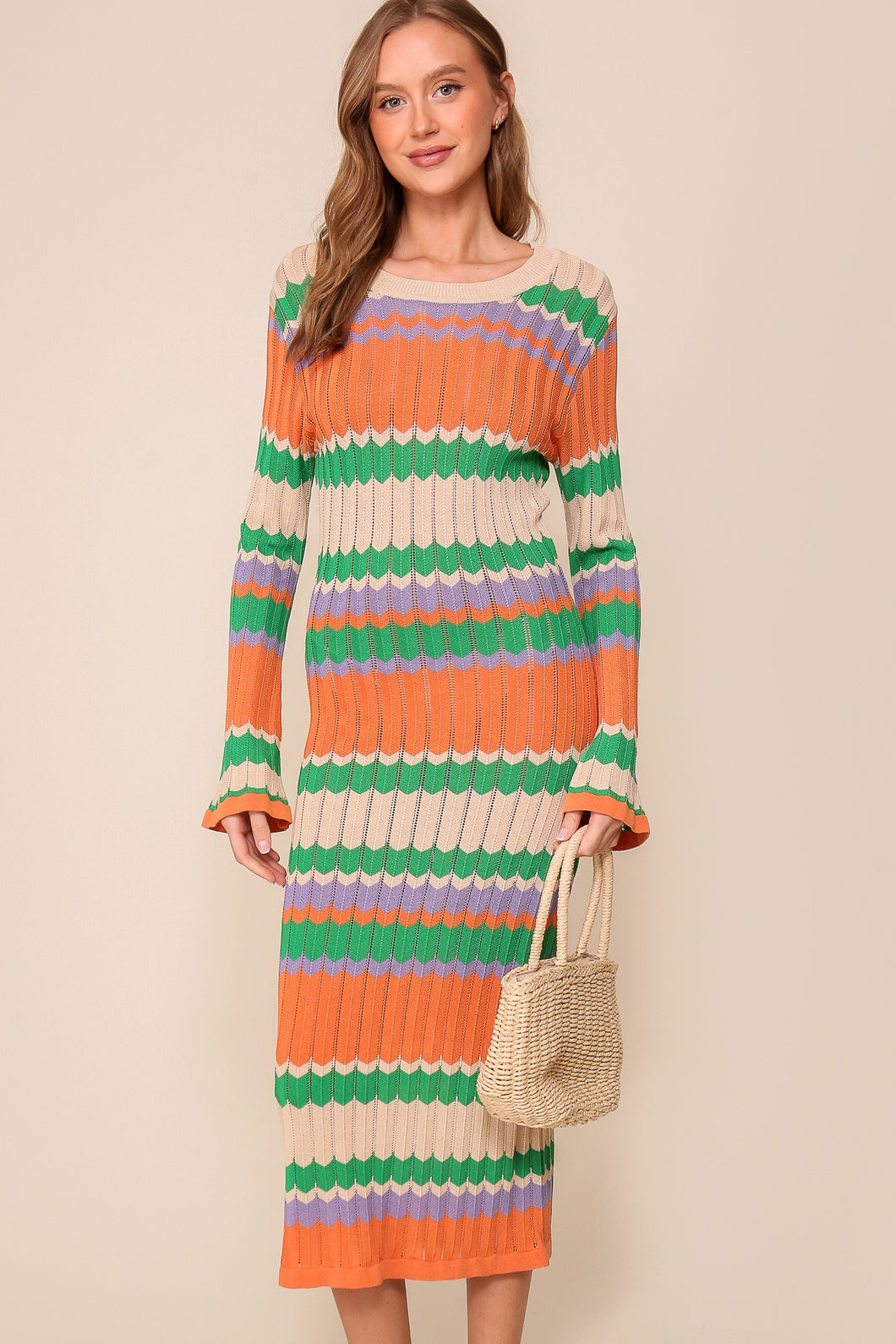 Taupe/Orange Multi Mixed Striped Midi Knit Dress