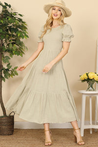 Sage Cotton Smocked Fit-And-Flare Tiered Maxi Dress