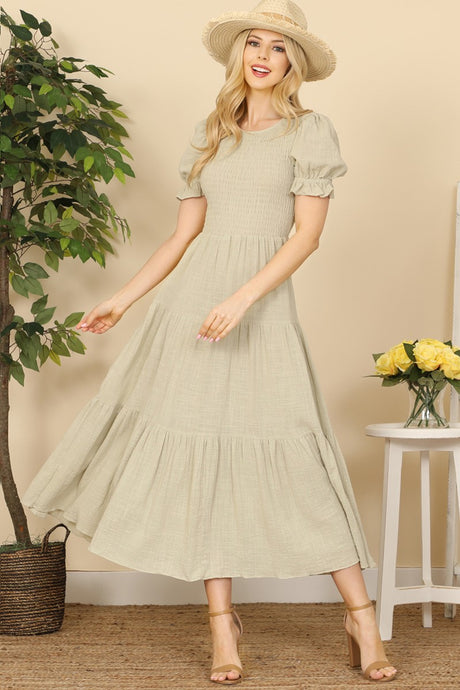Sage Cotton Smocked Fit-And-Flare Tiered Maxi Dress