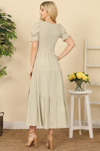 Sage Cotton Smocked Fit-And-Flare Tiered Maxi Dress