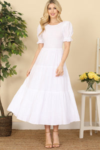 White Cotton Smocked Fit-And-Flare Tiered Maxi Dress