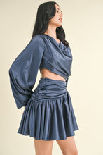 Navy Long Balloon Sleeve Satin Draped Cut Out Dress