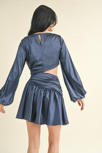 Navy Long Balloon Sleeve Satin Draped Cut Out Dress