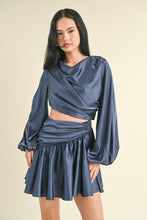 Navy Long Balloon Sleeve Satin Draped Cut Out Dress