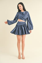 Navy Long Balloon Sleeve Satin Draped Cut Out Dress