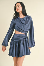 Navy Long Balloon Sleeve Satin Draped Cut Out Dress