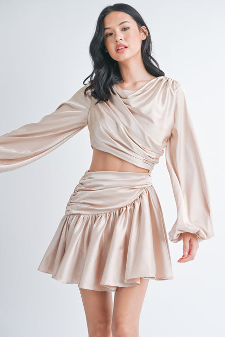 Pink Champagne Long Balloon Sleeve Satin Draped Cut Out Dress