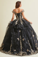 Black/Gold Off Shoulder Butterfly Applique Sweetheart Quincea