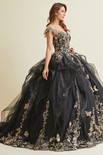 Black/Gold Off Shoulder Butterfly Applique Sweetheart Quincea