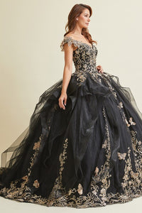 Black/Gold Off Shoulder Butterfly Applique Sweetheart Quincea