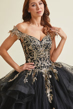Black/Gold Off Shoulder Butterfly Applique Sweetheart Quincea