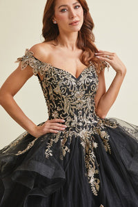 Black/Gold Off Shoulder Butterfly Applique Sweetheart Quincea