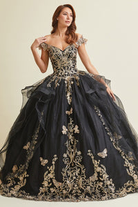 Black/Gold Off Shoulder Butterfly Applique Sweetheart Quincea