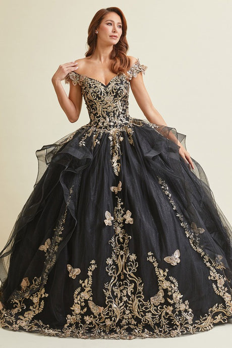 Black/Gold Off Shoulder Butterfly Applique Sweetheart Quincea