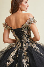 Black/Gold Off Shoulder Butterfly Applique Sweetheart Quincea