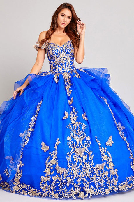 Royal/Gold Off Shoulder Butterfly Applique Sweetheart Quincea