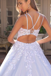 Bahama Blue Deep V Neck Embroidery Sequin Applique A Line Dress