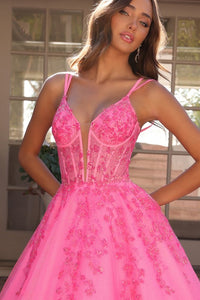 Hot Pink Deep V Neck Embroidery Sequin Applique A Line Dres