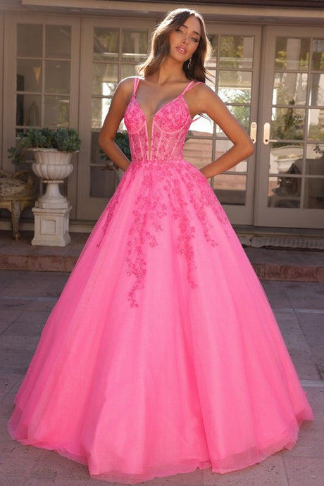 Hot Pink Deep V Neck Embroidery Sequin Applique A Line Dres