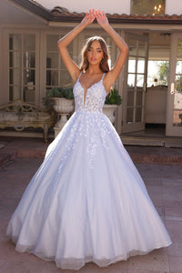 Bahama Blue Deep V Neck Embroidery Sequin Applique A Line Dress