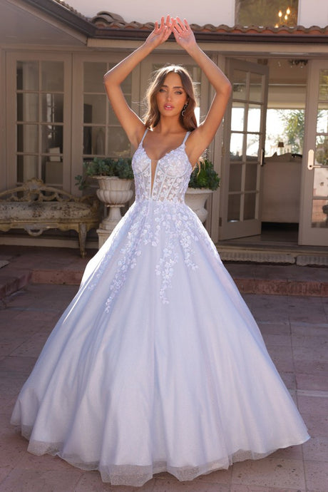 Bahama Blue Deep V Neck Embroidery Sequin Applique A Line Dress