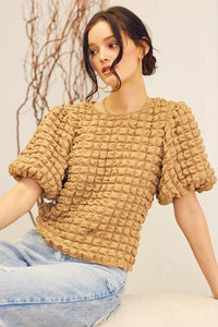 Tan Brown Short Sleeve Bubble Texture Top