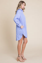 Blue Stripe Button Down Cotton Long Sleeve Shirt Dress