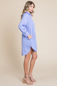 Blue Stripe Button Down Cotton Long Sleeve Shirt Dress