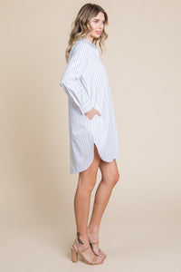 White Stripe Button Down Cotton Long Sleeve Shirt Dress