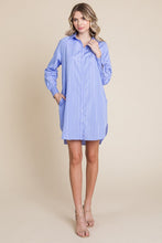 Blue Stripe Button Down Cotton Long Sleeve Shirt Dress
