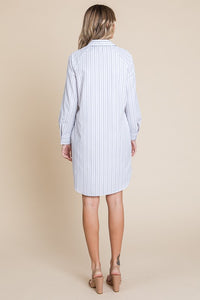 White Stripe Button Down Cotton Long Sleeve Shirt Dress