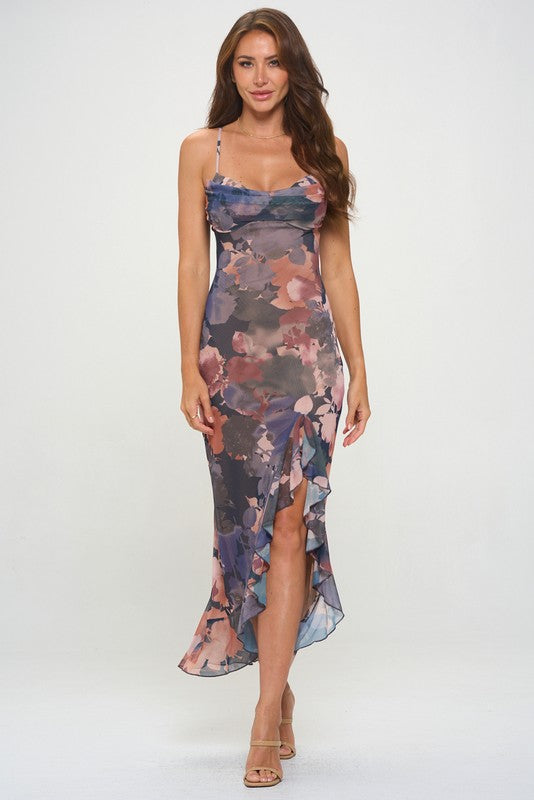 Navy Multi Floral Ruffle Slit Maxi Dress