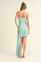 Aqua Embellished Mesh Tube Wrap Dress With Side Drape