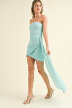 Aqua Embellished Mesh Tube Wrap Dress With Side Drape