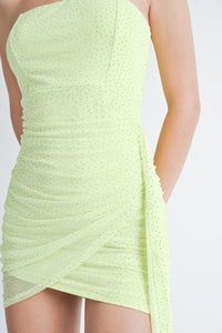 Yellow Lime Embellished Mesh Tube Wrap Dress With Side Drape