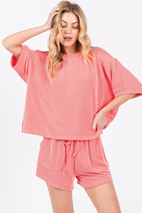 Coral Orange Ribbed Round Neck Top And Shorts Set