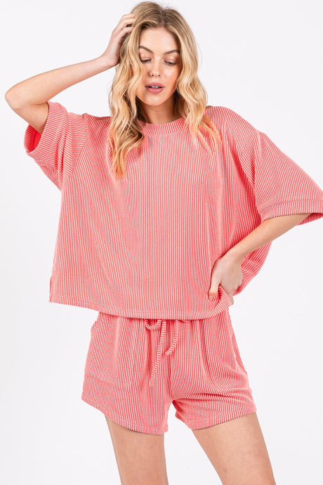 Coral Orange Ribbed Round Neck Top And Shorts Set