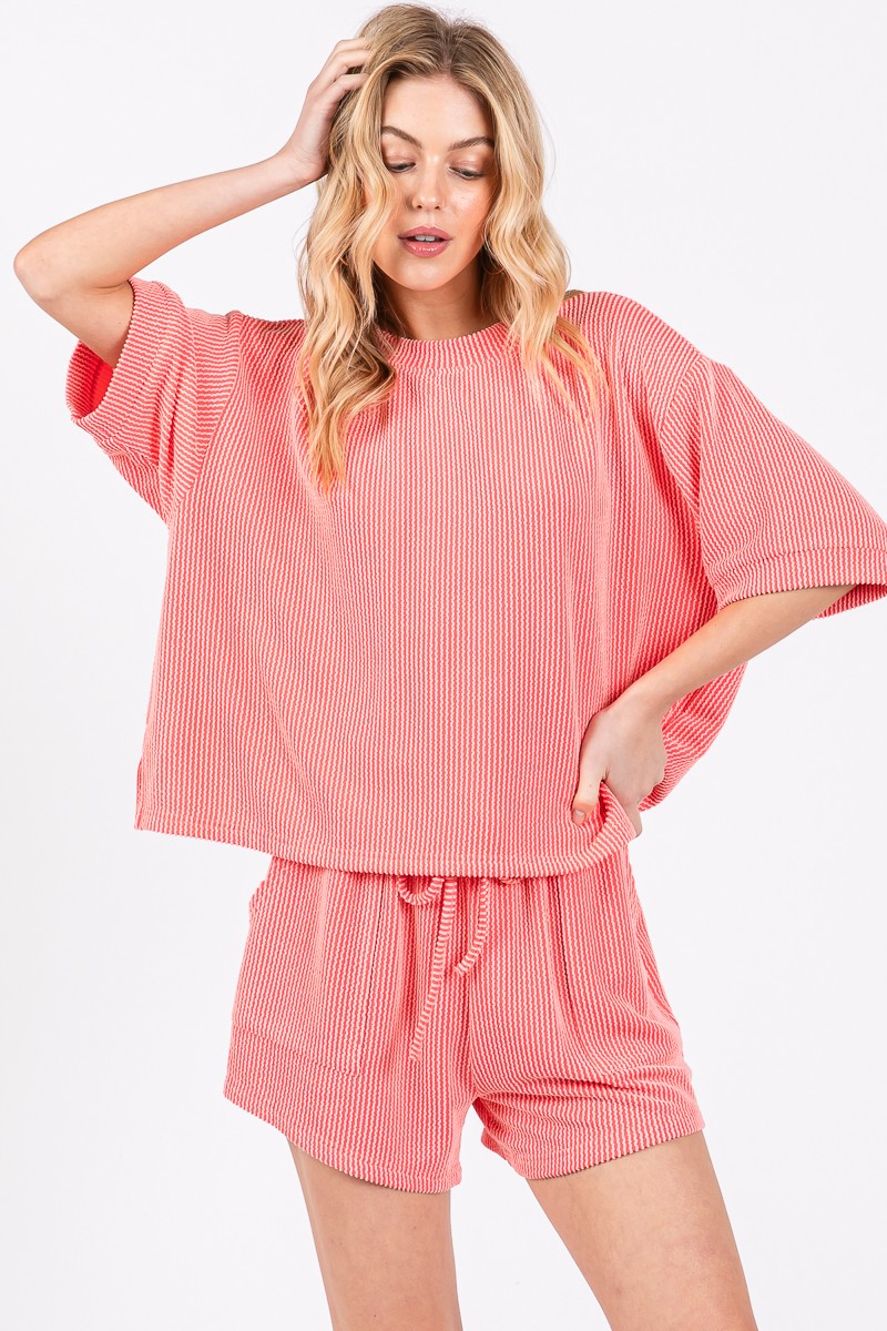 Coral Orange Ribbed Round Neck Top And Shorts Set