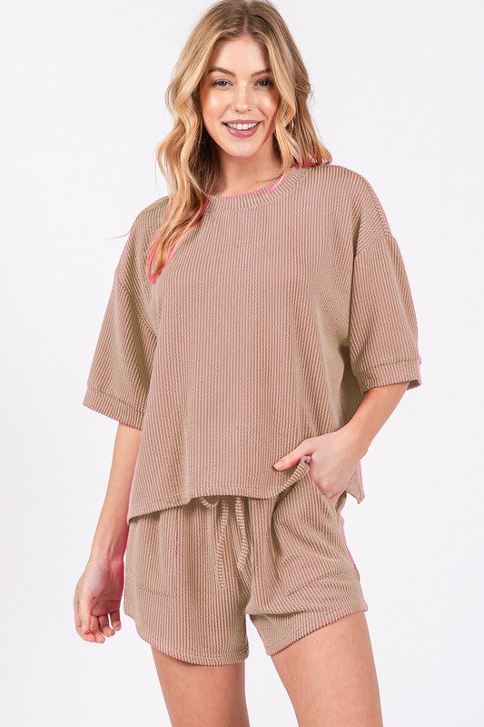 Taupe Ribbed Round Neck Top And Shorts Set